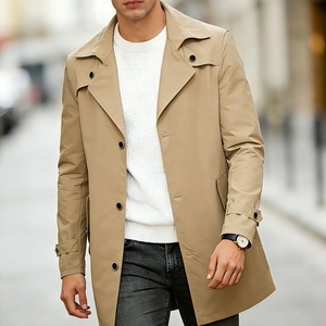 Men Classic Single Breasted Trench Coat Mid-Length Lapel Casual Solid Color Windbreaker Jacket For Work Office Outwear