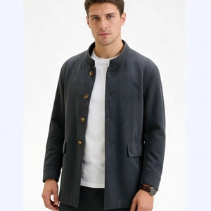 Blazer décontracté en velours côtelé gris foncé pour homme avec col montant et boutons