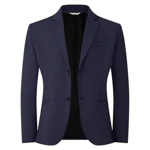 Men's dark blue slim fit suit jacket with notched lapel and two-button closure