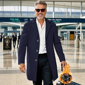 Men's navy wool overcoat with single-breasted buttons and thermal quilted lining