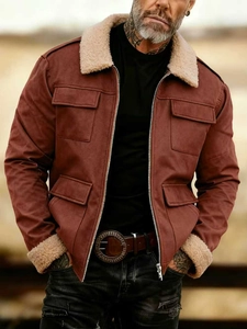 Men's retro rust red workwear flight jacket with faux shearling collar and pockets