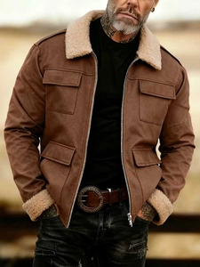 Men's brown suede workwear jacket with beige fleece lining and four flap pockets