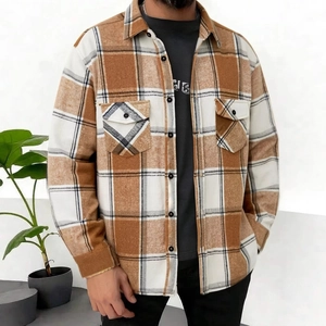 Men's classic plaid flannel long sleeve shirt with double chest pockets in orange and brown