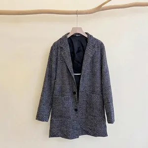 Men's Casual Houndstooth Jacket Polyester Mid Length Windbreaker Lapel Single Breasted Plaid Coat With Pockets For Autumn Spring