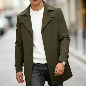Men's olive green long trench coat with classic buttons and casual business style