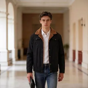 Men's black workwear jacket with brown shearling collar and durable canvas fabric