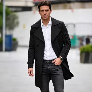Classic black double-breasted trench coat for men with a lapel collar and belt detail