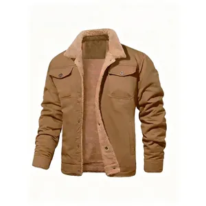 Men's Winter Sherpa Lined Work Jacket Cotton Canvas Warm Fleece Outerwear Multi-Pocket Button Down Casual Coat