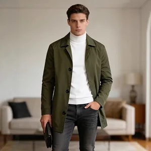 Men's Casual Mid-Length Trench Coat Polyester Single-Breasted Lapel Windbreaker Jacket For Commuting Daily Business Fashion Outerwear