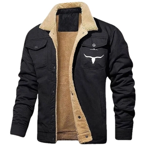 Men's winter black work jacket with fleece lining and bull head print on chest pocket