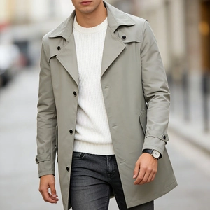 Classic men's single-breasted mid-length trench coat in light grey-green casual style