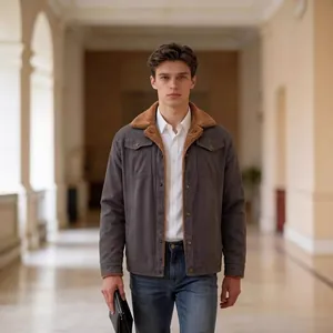 Men's dark grey winter work jacket with brown faux fur collar and chest pockets