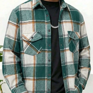 Men's classic green and orange plaid flannel shirt with double chest pockets for casual style