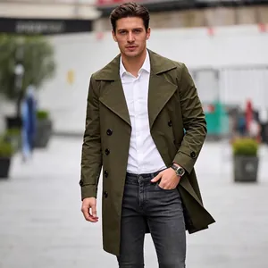 Classic olive green double-breasted trench coat for men in a stylish mid-length design