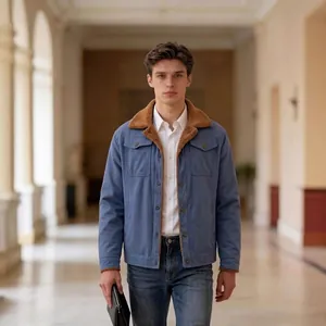 Men's blue cotton workwear jacket featuring a brown faux fur collar and flap pockets