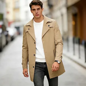 Classic khaki men's single-breasted trench coat for stylish casual business wear