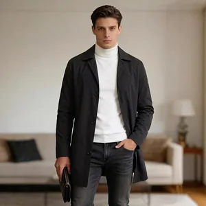 Classic black men's single-breasted trench coat for stylish business casual urban wear