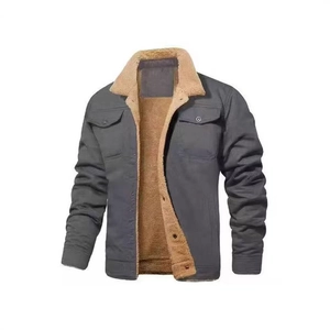 Men's dark grey winter work jacket with warm light brown faux lamb wool lining and collar