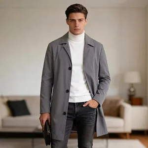 Classic grey single-breasted trench coat for men with lapel collar and windproof fabric