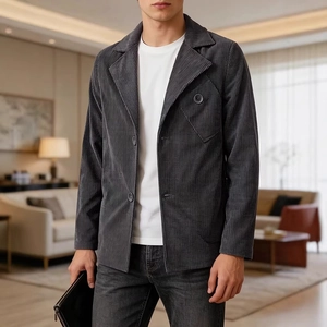 Men Business Casual Corduroy Blazer Slim Fit Single Breasted Notch Lapel Polyester Outerwear Coat Jacket
