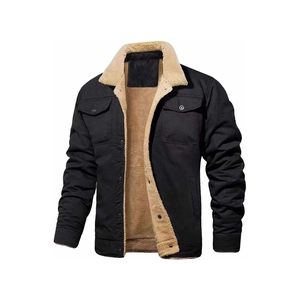 Men's winter black cotton work jacket with warm sherpa fleece lining and metal buttons