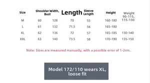 Detailed size chart for men's patchwork windbreaker jacket showing M to XXL dimensions