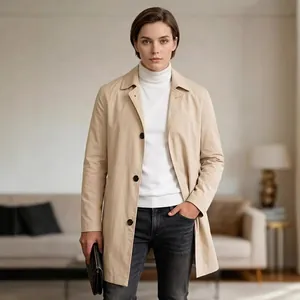 Classic light beige single-breasted trench coat for men in minimalist casual style