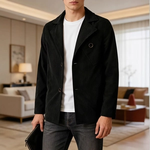 Men's black corduroy blazer jacket with single-breasted design for casual business wear