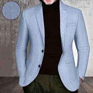 Men's light blue casual business suit jacket with premium textured fabric and two buttons