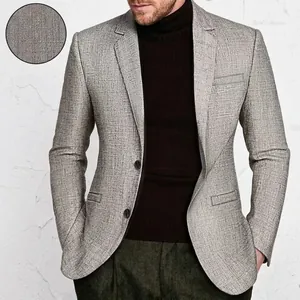 Men's slim fit casual grey blazer with textured woven fabric and classic lapel