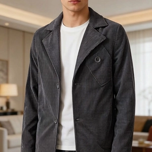 Men's charcoal grey corduroy blazer featuring a classic lapel and single-breasted buttons