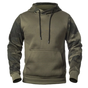 Men's olive green hoodie with camo print sleeves and kangaroo pocket in casual style