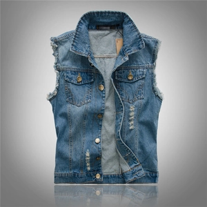 Slim fit light blue denim vest for men with distressed ripped details and fringe edges