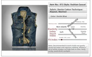 Detail view of men's distressed denim vest with washing process and fabric specifications