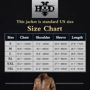 Detailed US size chart for men's vintage PU leather jacket featuring S to 3XL measurements