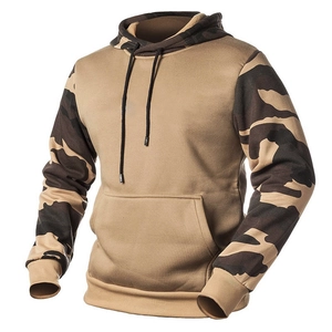 Men's camo patchwork hoodie in khaki featuring thermal transfer print and drawstring hood