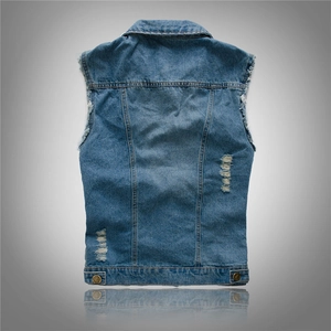 Slim fit men's distressed denim vest in light blue wash featuring raw hem and back details