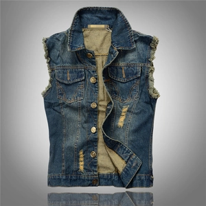 Slim fit blue distressed denim vest for men featuring ripped details and frayed armholes