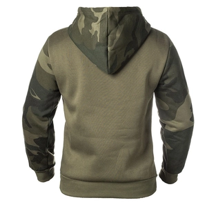 Detail view of army green men hoodie with camouflage sleeves and ribbed cuffs on back
