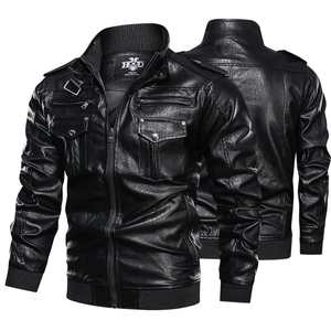 Men's black PU leather motorcycle jacket with stand collar and functional pockets