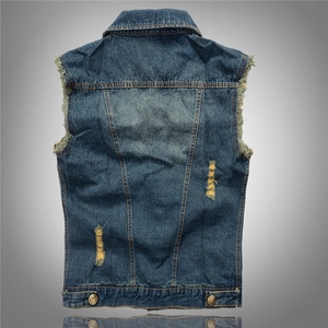 Men's slim fit retro blue denim vest with distressed ripped details and frayed armholes