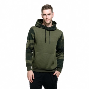 Detail shot of men's camouflage hoodie with ribbed cuffs and kangaroo pocket detail