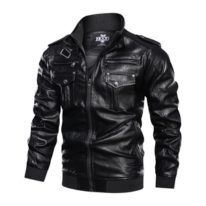 Classic black PU leather motorcycle jacket for men with stand collar and multiple pockets