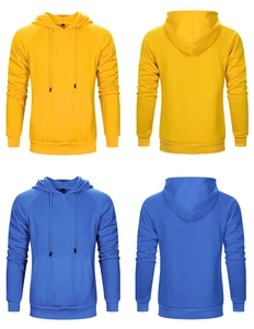 Détails des sweats à capuche jaune et bleu avec manches raglan et poche kangourou