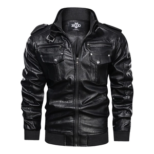 Detailed view of black PU leather jacket with ribbed cuffs and metallic zipper pocket