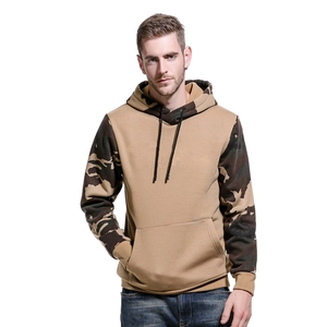 Men's khaki hoodie with camouflage sleeves featuring a drawstring hood and kangaroo pocket