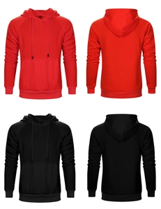Vues détaillées de sweats à capuche rouges et noirs avec cordons et poches kangourou