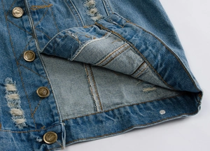 Slim fit light blue distressed denim vest with vintage metal buttons and ripped details