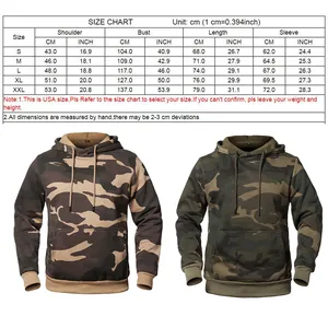 Comprehensive size chart for men's camouflage hooded sweatshirts with USA fit dimensions