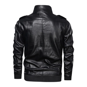 Men's black PU leather jacket with stand collar and ribbed hem, back view on white background